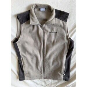 Columbia Vest Men's Large Two Tone Tan Gray Outdoor Fleece Sleeveless Zip